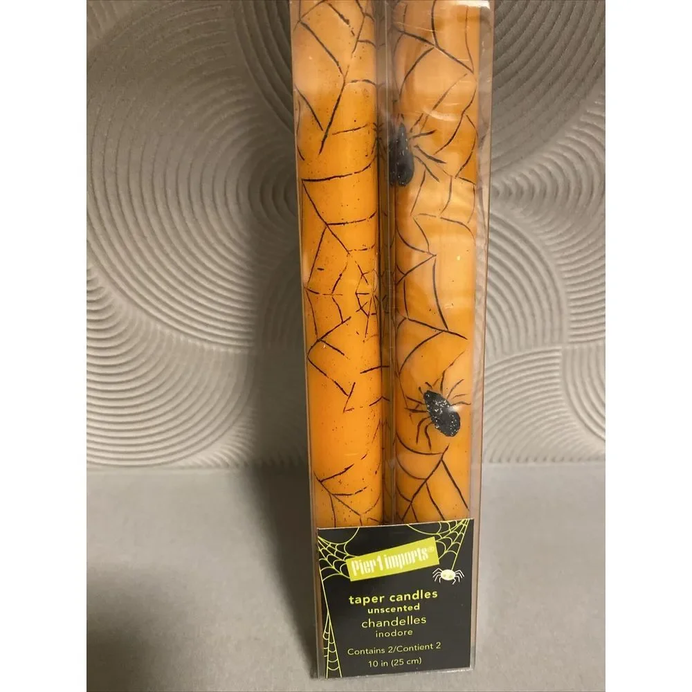 Pier 1 Halloween Spider Web Taper Candles Orange‎ And Black 10 In.